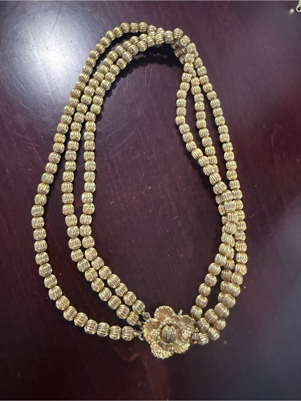 Vintage Gold-Tone Triple Strand Floral Clasp Necklace - Elegant Women's Jewelry